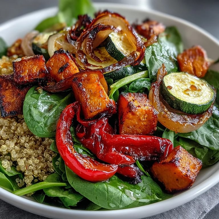 Overhead view of a warm salad bowl filled with fluffy brown rice, tender roasted vegetables, fresh kale, and a honey-Dijon dressing ready to serve for lunch.