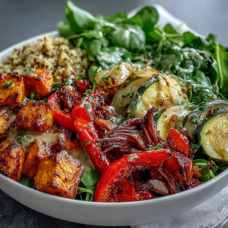 Healthy warm salad bowl with roasted zucchini and red onion, wilted greens, and a savory apple cider vinaigrette, finished with goat cheese and toasted seeds.
