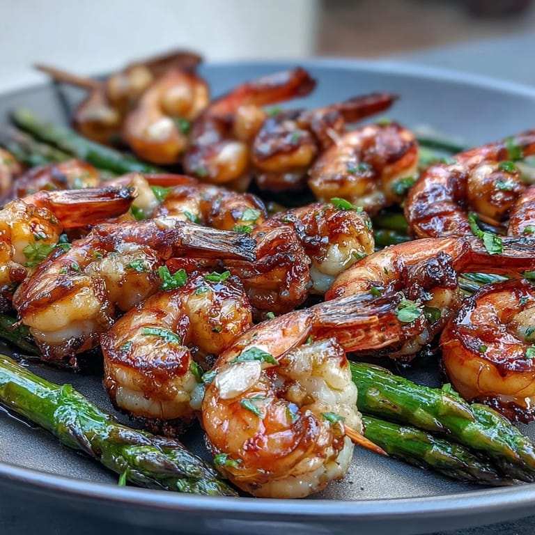 Succulent shrimp and crisp asparagus tossed in a zesty lemon-garlic sauce, roasted to perfection in a single pan for a quick, healthy meal.
