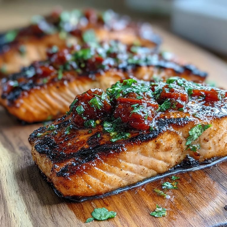 Juicy grilled salmon topped with zesty strawberry salsa, bursting with color and flavor.