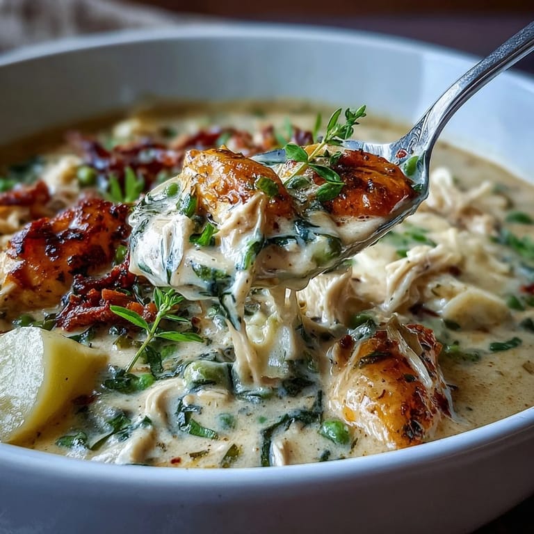 Creamy chicken pot pie soup with tender vegetables and shredded chicken in a rustic ceramic bowl, perfect for a cozy family dinner.