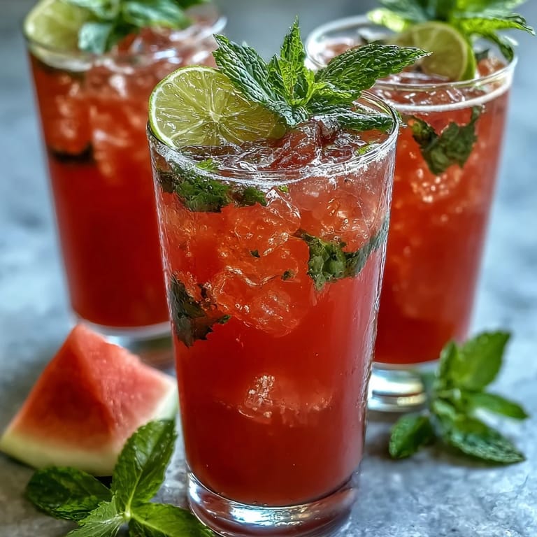 Chilled watermelon mint vodka spritz mocktail with sparkling water, served in a tall glass with a juicy watermelon wedge.