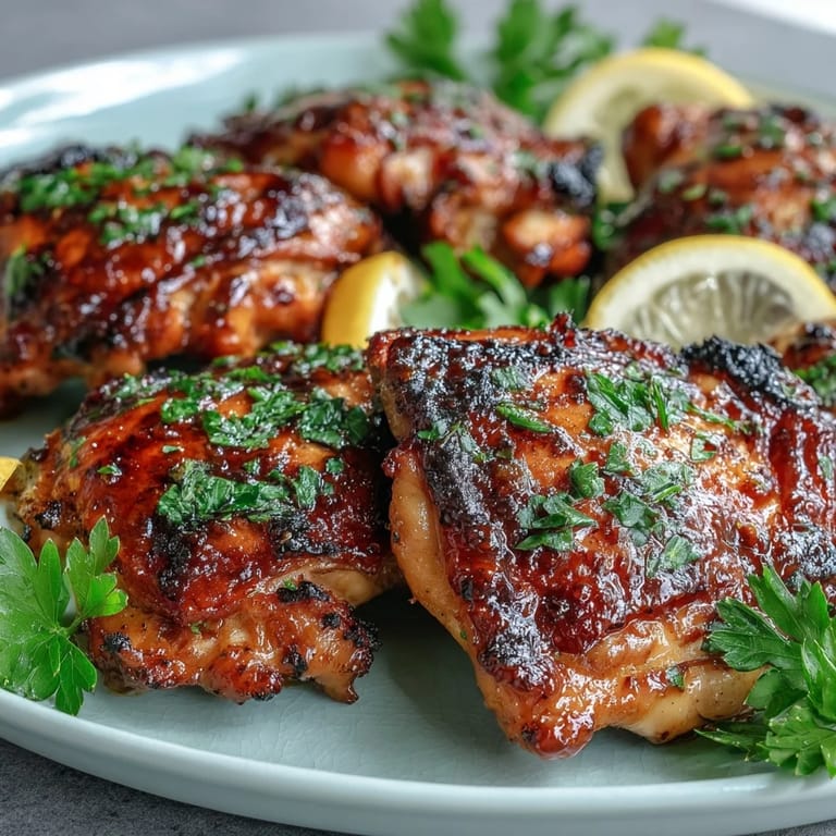 Close-up of Honey Garlic Grilled Chicken Thighs with a glossy honey garlic glaze, garnished with fresh parsley and lemon wedges.