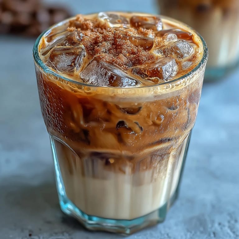 A chilled iced espresso drink featuring brown sugar syrup and oat milk, shaken to frothy perfection, garnished with a sprinkle of cinnamon.