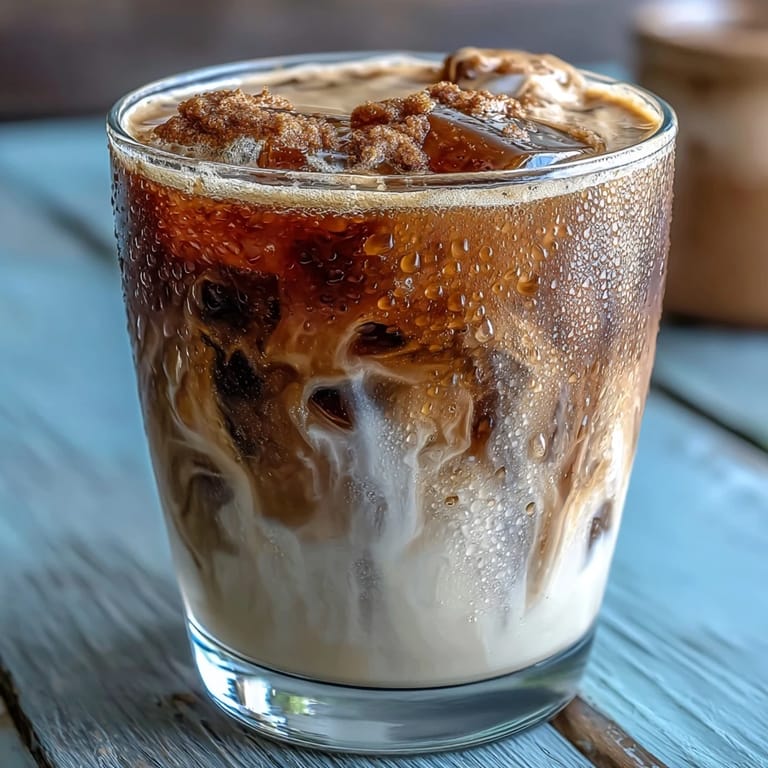 Creamy oat milk and bold espresso blended with brown sugar syrup, served over ice in a clear glass, topped with a light cinnamon dusting.