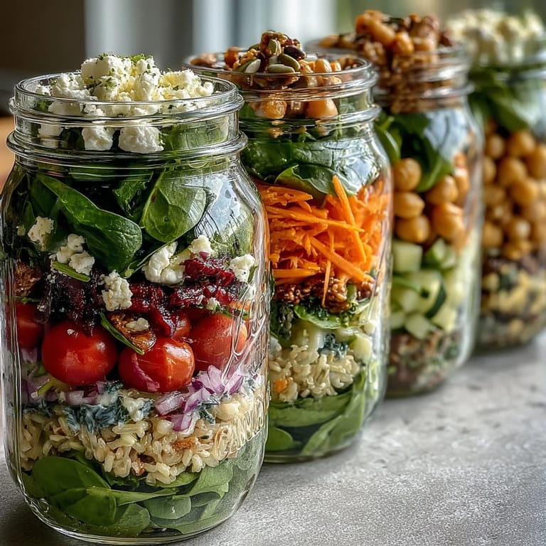 Layered mason jar salads packed with spinach, tomatoes, cucumbers, and protein for fresh lunches.
