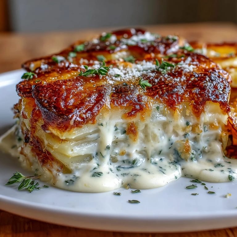 Indulgent layers of Yukon Gold potatoes in a rich, garlicky cream sauce, topped with melted Gruyere for a decadent French-inspired side.  