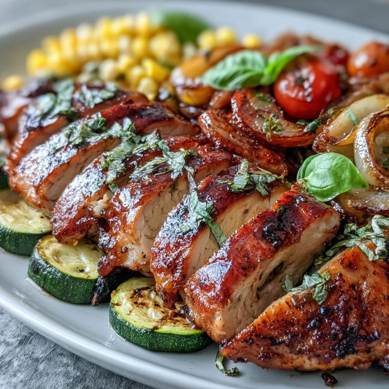 Juicy chicken breasts paired with roasted zucchini, sweet corn, and cherry tomatoes for a vibrant, healthy one-pan meal that's easy to prepare.