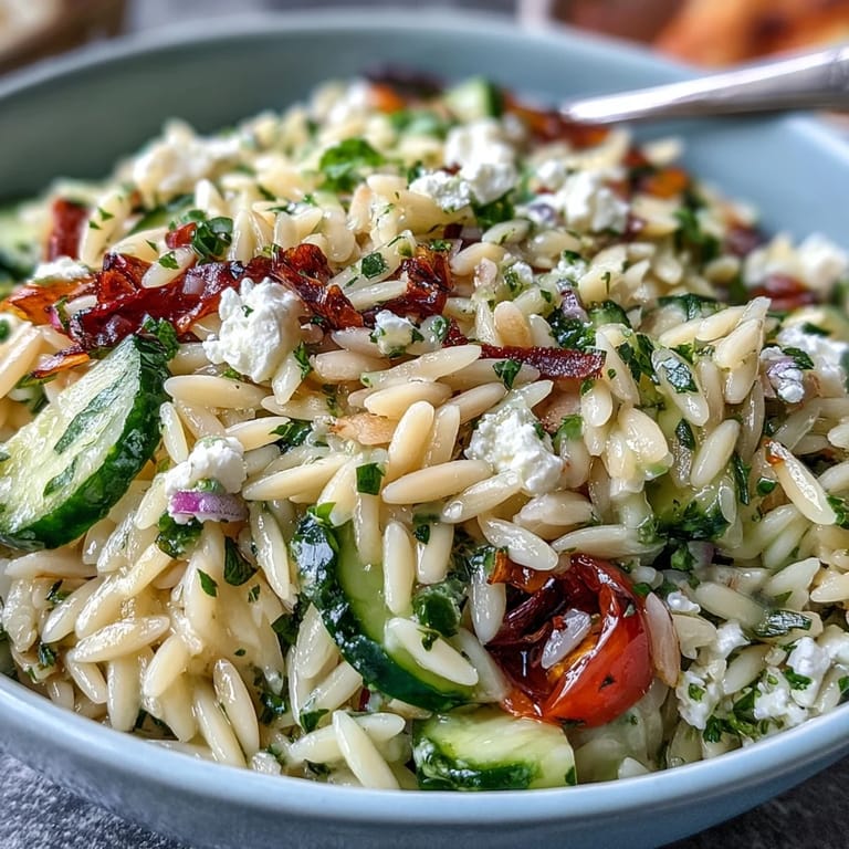 Healthy orzo salad showcasing cucumber, feta, and bright lemon sauce.