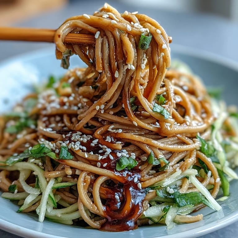 Chilled soba noodle salad, colorful and drizzled with light, tangy dressing.