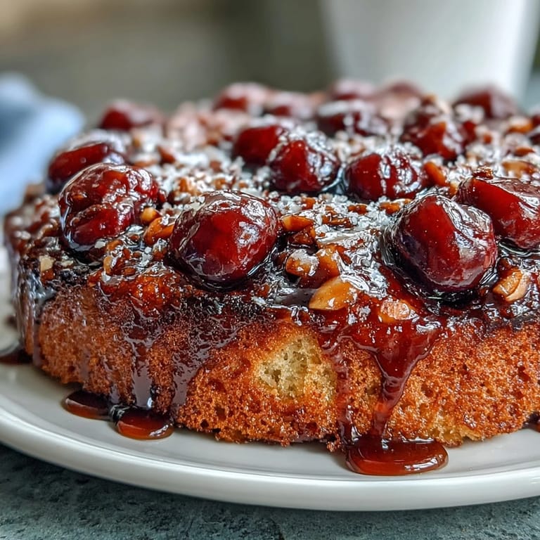 Moist cherry almond upside-down cake, bursting with caramelized fruit flavor and almond notes.