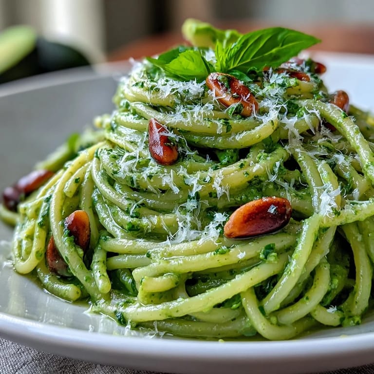 Generous portion of no-cook Creamy Avocado Pesto Pasta topped with fresh basil.