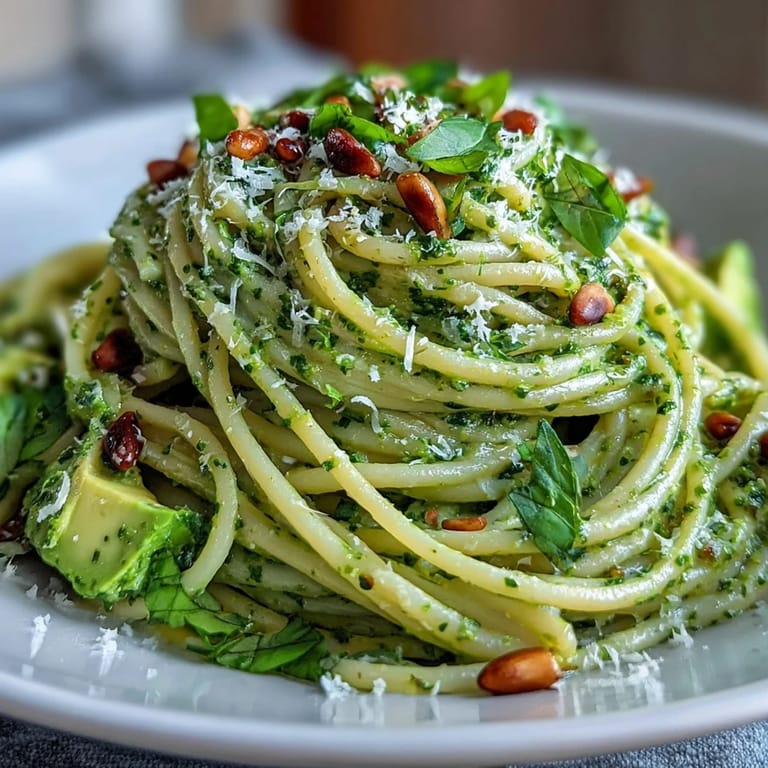 Tantalizing close-up of quick Creamy Avocado Pesto Pasta, perfect for weeknights.