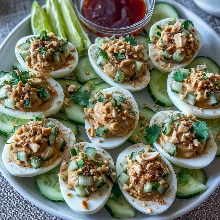 Gourmet Thai Peanut Deviled Eggs with crunchy peanut and cilantro garnish.