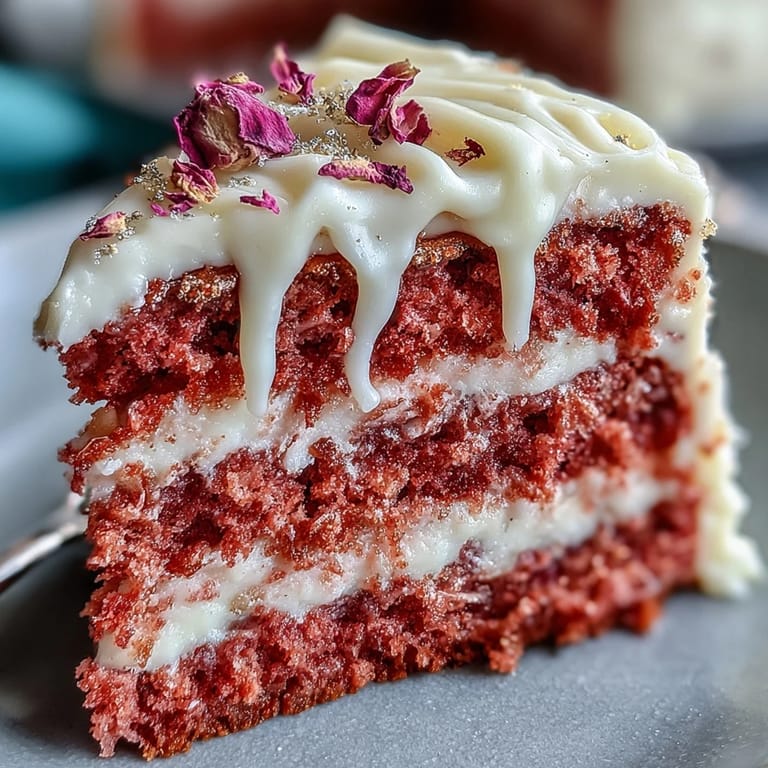 Delicate pink velvet cake infused with rosé wine, adorned with luxurious edible gold drip for bridal showers.