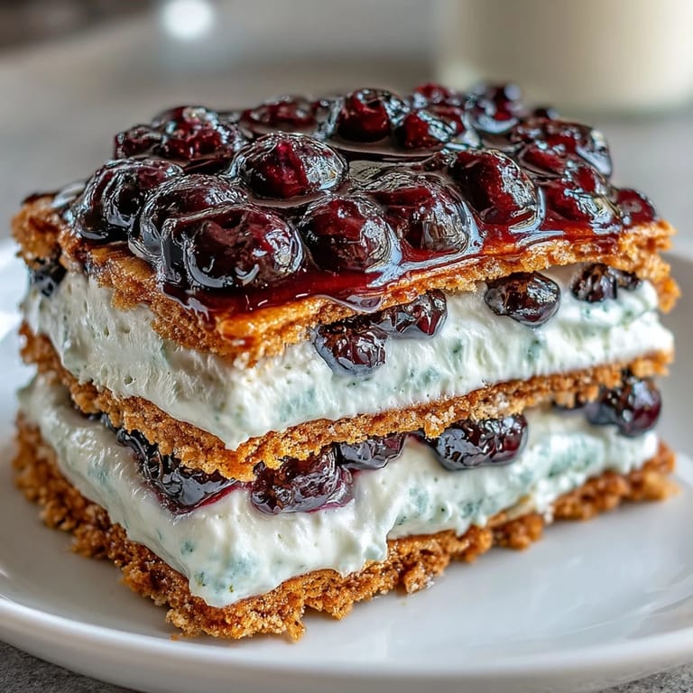 Chilled Lemon Blueberry Icebox Cake featuring graham cracker layers and tart lemon cream.