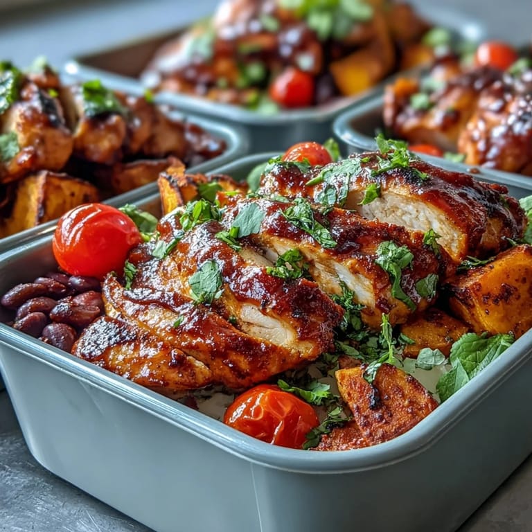Flavorful BBQ chicken meal prep bowls featuring sweet potato, corn, and tomatoes.