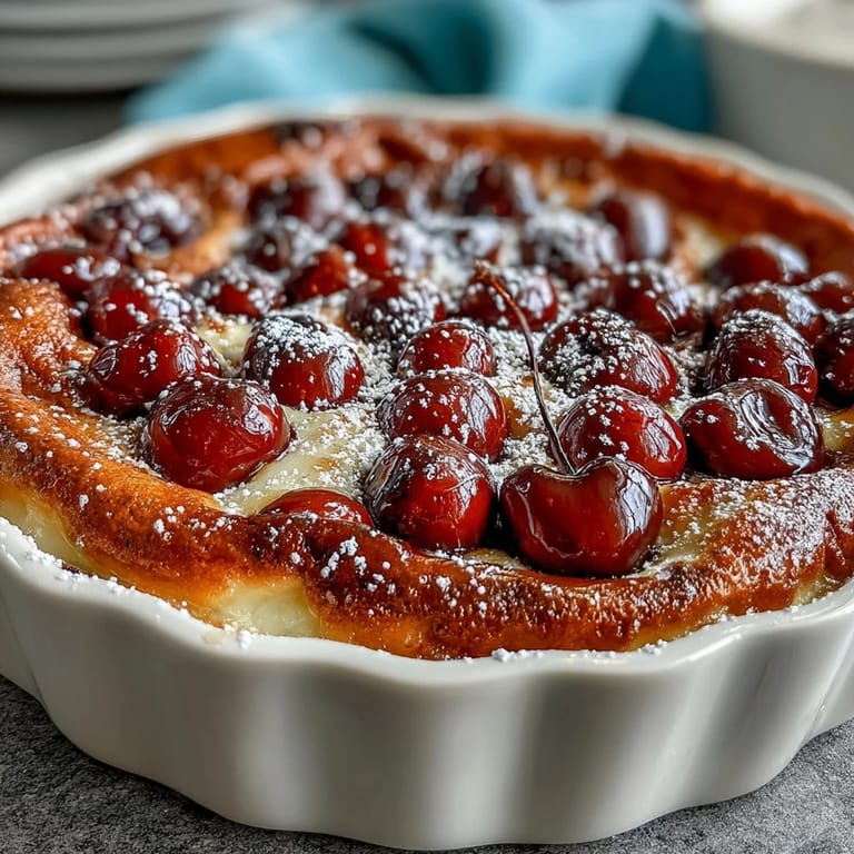 Golden baked fresh cherry clafoutis with plump cherries and vanilla custard.
