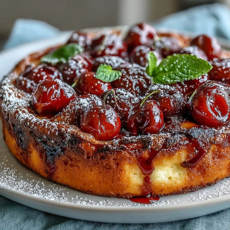 A warm slice of fresh cherry clafoutis, dusted with powdered sugar.
