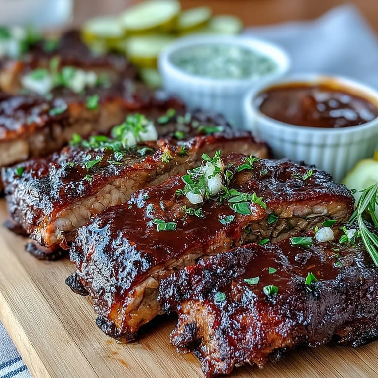 Juicy BBQ ribs with three dipping sauces, presented beautifully on a Father's Day board.