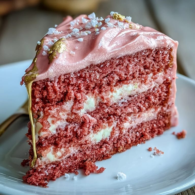 Tender Bridal Shower Rosé Velvet Cake, frosted and shimmering with gold.