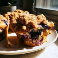 A close-up view of fluffy homemade blueberry muffins with a golden, crumbly streusel topping and visible blueberry pockets.  