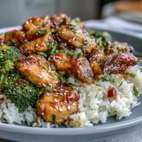 Tender One Pan Honey Garlic Chicken Broccoli Rice glistening with sweet, savory sauce.