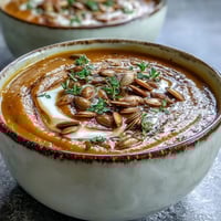 Creamy roasted butternut squash soup garnished with toasted pumpkin seeds and fresh thyme, served in a rustic bowl.