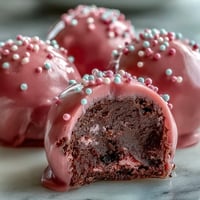 Vibrant pink candy-coated Oreo Truffle Balls on a marble slab, with a bite revealing the creamy, dark cookie center. 