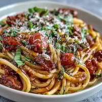 Italian Drunken Noodles feature al dente spaghetti tossed in a rich Chianti tomato sauce with savory sausage and sweet cherry tomatoes, finished with fresh basil and Parmesan.