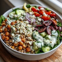 A colorful Mediterranean farro bowl topped with feta and parsley, featuring creamy tahini dressing and fresh vegetables.
