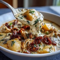 Slow Cooker Chicken Pot Pie Soup in a white bowl, garnished with fresh parsley and served with a flaky biscuit on the side.
