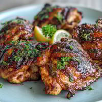 Honey Garlic Grilled Chicken Thighs sizzling on the grill, glazed with a sticky, sweet marinade and charred to golden perfection.