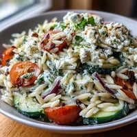 Vibrant orzo salad with cucumber, feta, and lemon dressing, perfect for lunch.