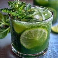 Bright green Green Detox Cucumber Mint Agua Fresca garnished with lime and mint.