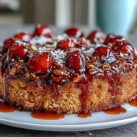 Glistening cherry almond upside-down cake with rich caramel topping, ready for serving.