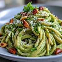 Vibrant Creamy Avocado Pesto Pasta photo showing smooth green sauce coating spaghetti.
