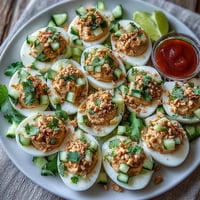Creamy Thai Peanut Deviled Eggs topped with fresh cucumber relish.